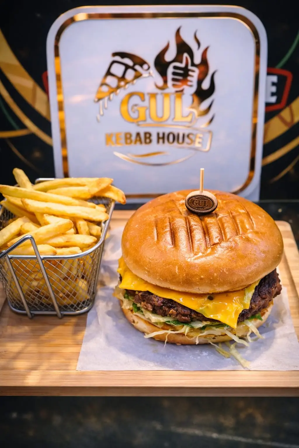 hamburguesa halal con queso y patatas fritas en Gul Kebab House Terrassa
