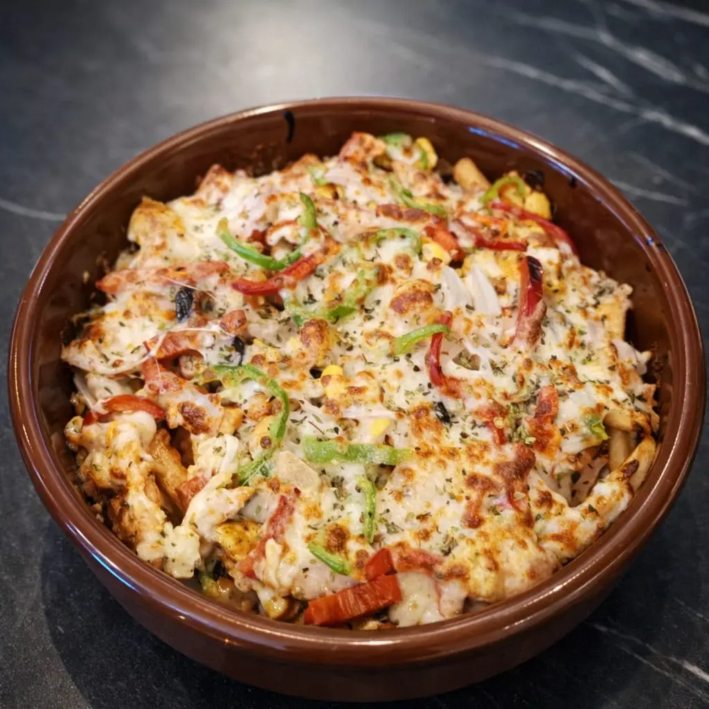 kapsalon de pollo halal con patatas y queso gratinado en Terrassa