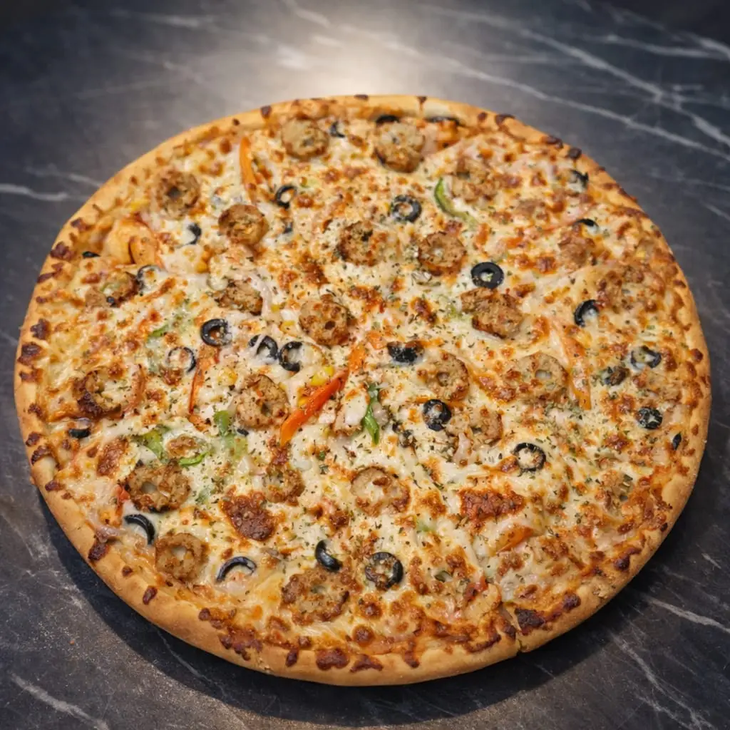 pizza kebab halal con queso aceitunas y verduras en Terrassa